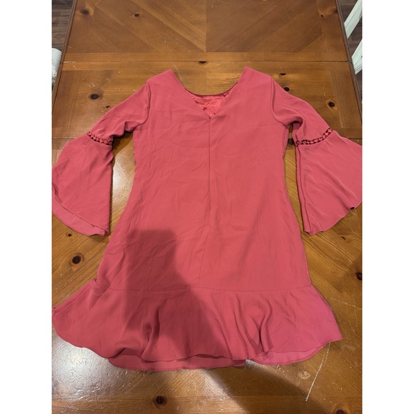 White House Black Market Dress Women's 12 Pink Crochet Trim Bell Sleeve Ruffle - Picture 3 of 5